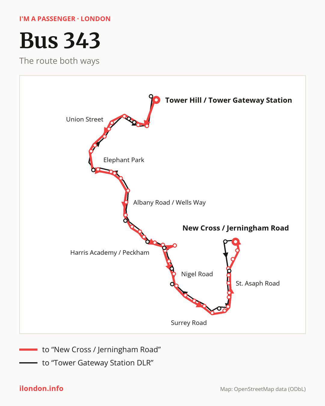 Bus route 343 in London on the map: the route both ways