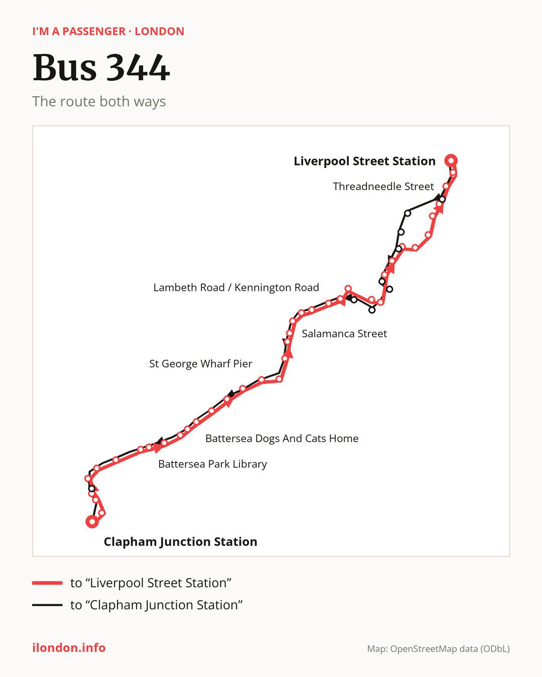 Bus route 344 in London on the map: the route both ways