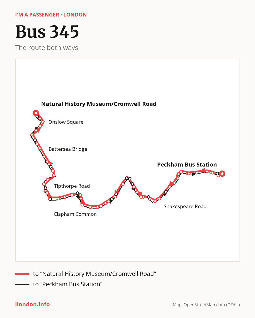 Bus route 345 in London on the map: the route both ways