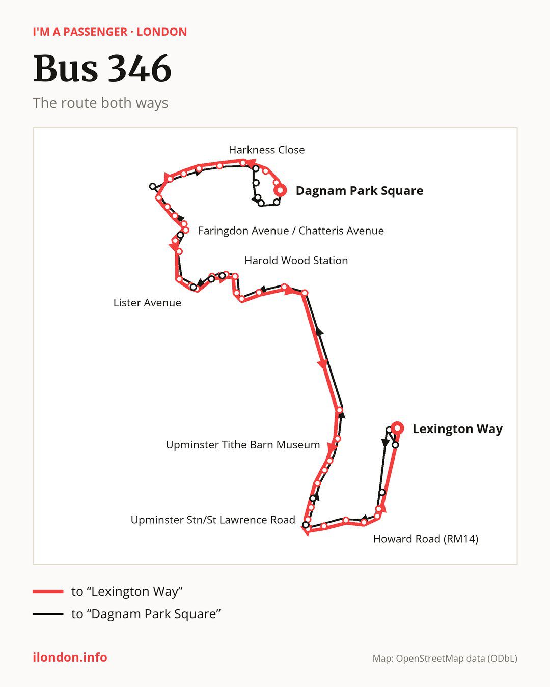 Bus route 346 in London on the map: the route both ways