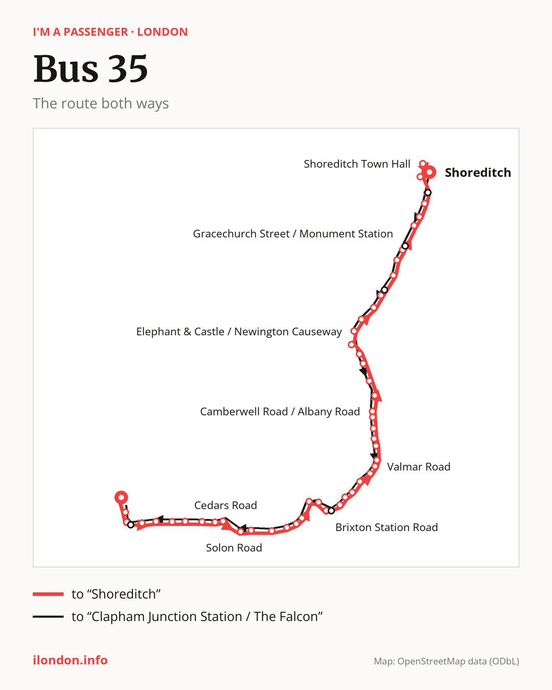 Bus route 35 in London on the map: the route both ways