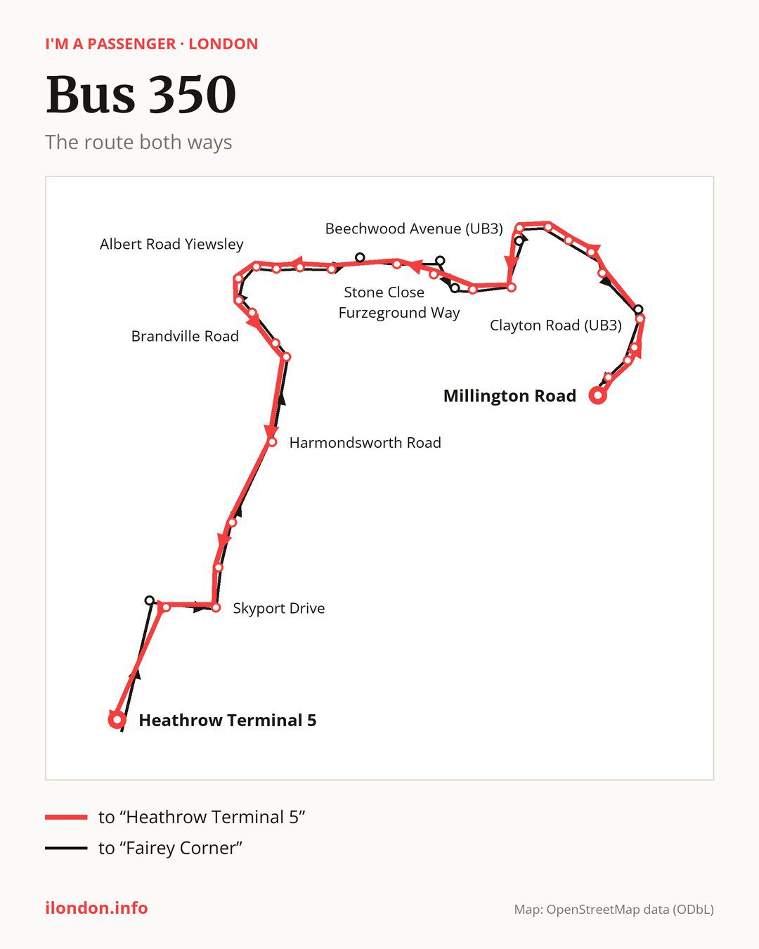 Bus route 350 in London on the map: the route both ways