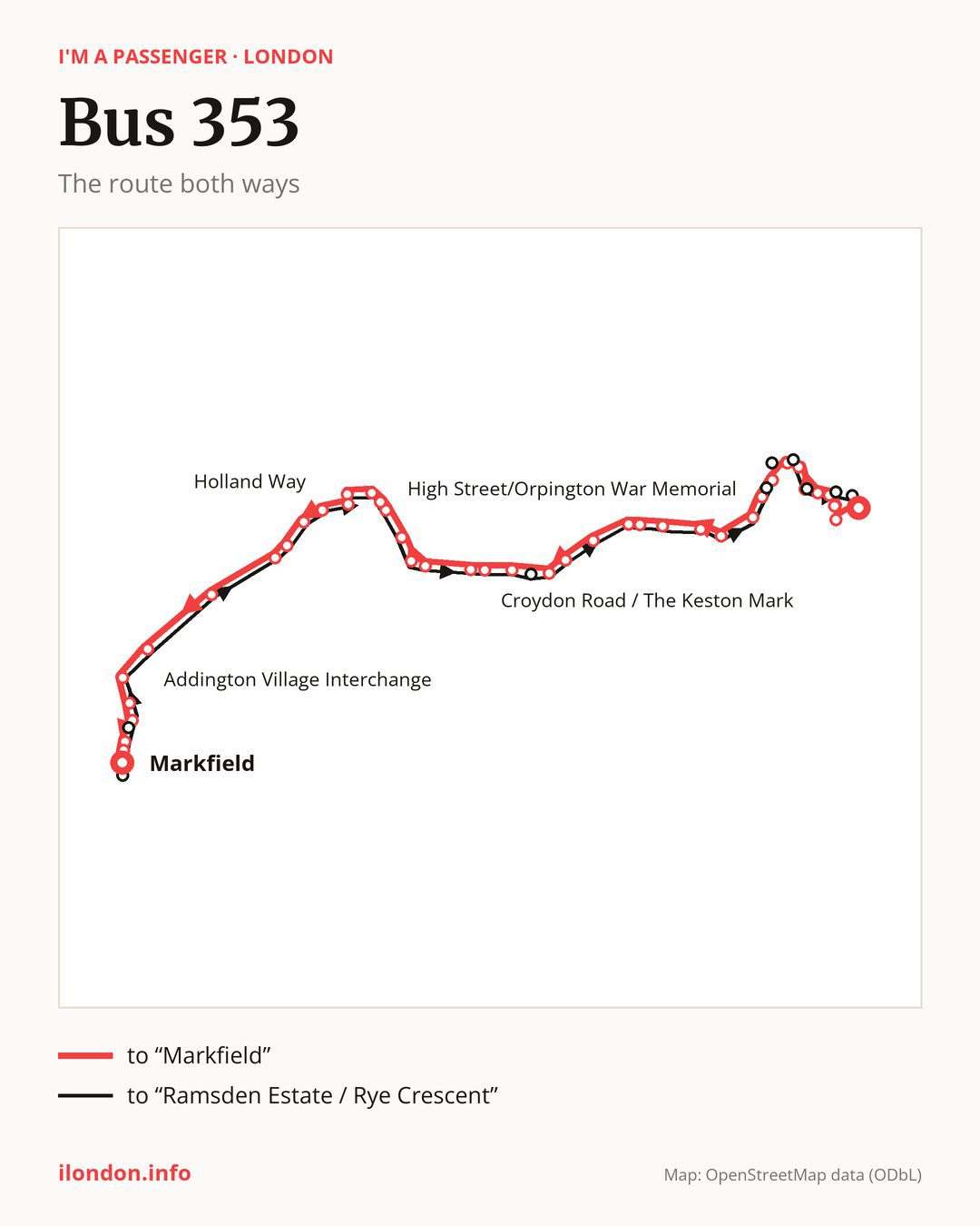 Bus route 353 in London on the map: the route both ways