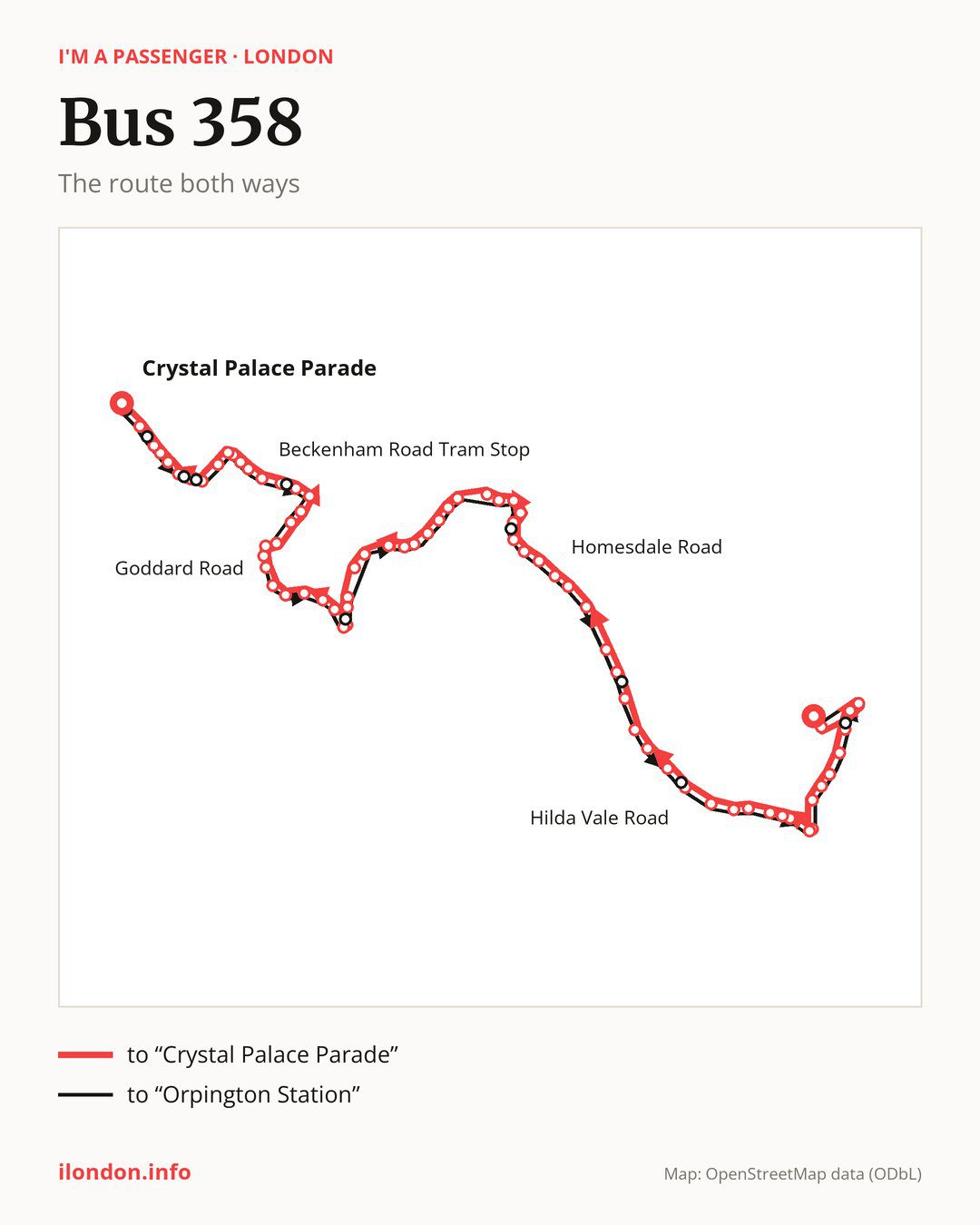 Bus route 358 in London on the map: the route both ways