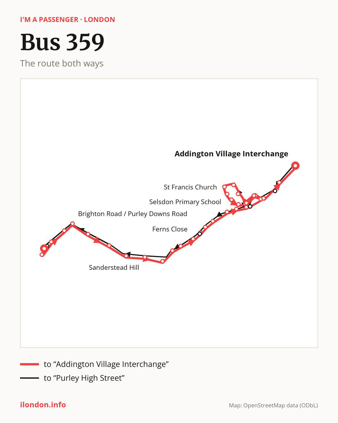 Bus route 359 in London on the map: the route both ways