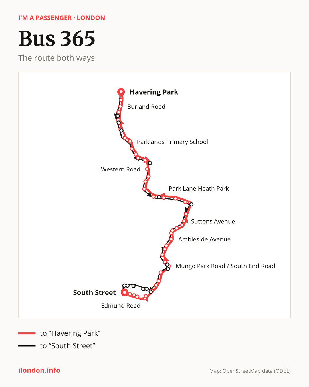 Bus route 365 in London on the map: the route both ways