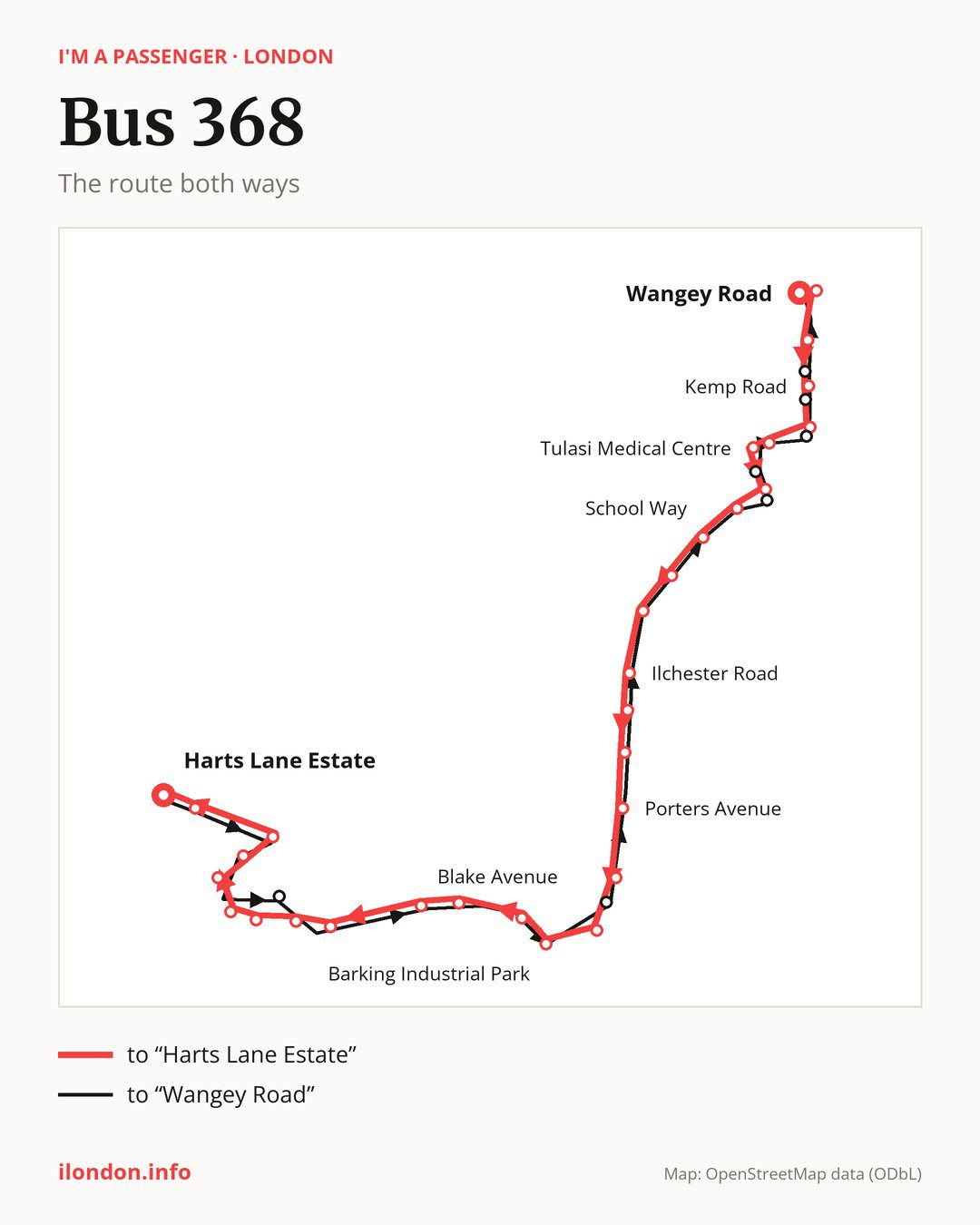 Bus route 368 in London on the map: the route both ways