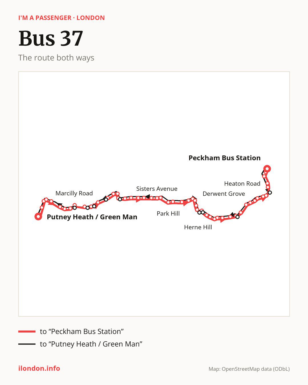 Bus route 37 in London on the map: the route both ways