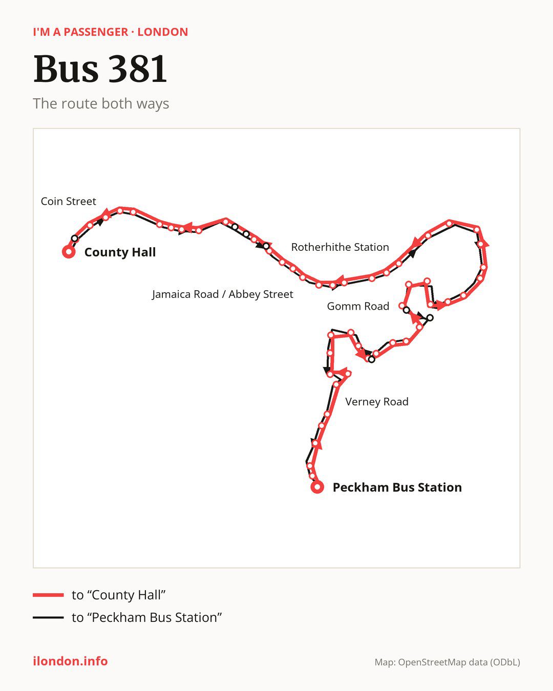 Bus route 381 in London on the map: the route both ways