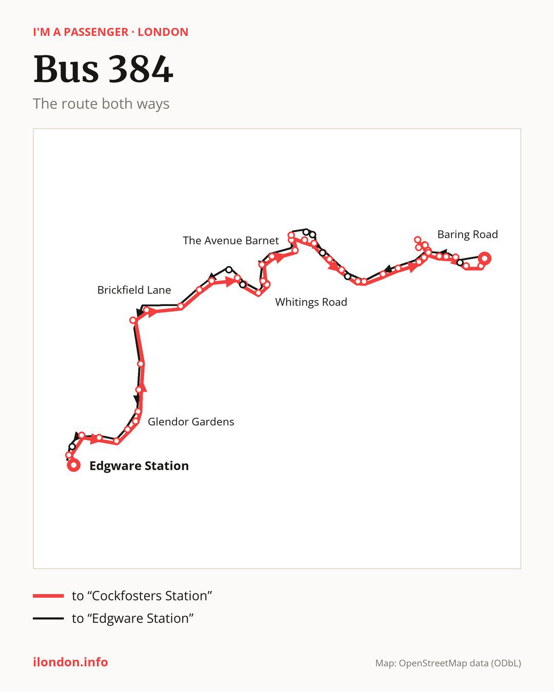 Bus route 384 in London on the map: the route both ways