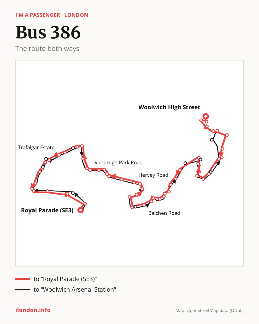 Bus route 386 in London on the map: the route both ways