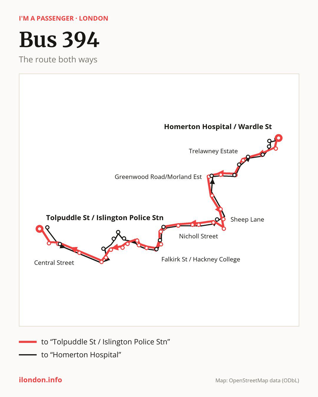 Bus route 394 in London on the map: the route both ways