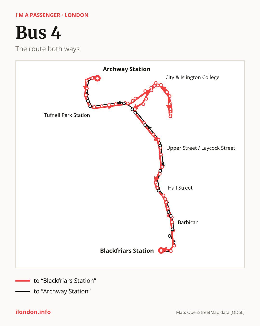 Bus route 4 in London on the map: the route both ways