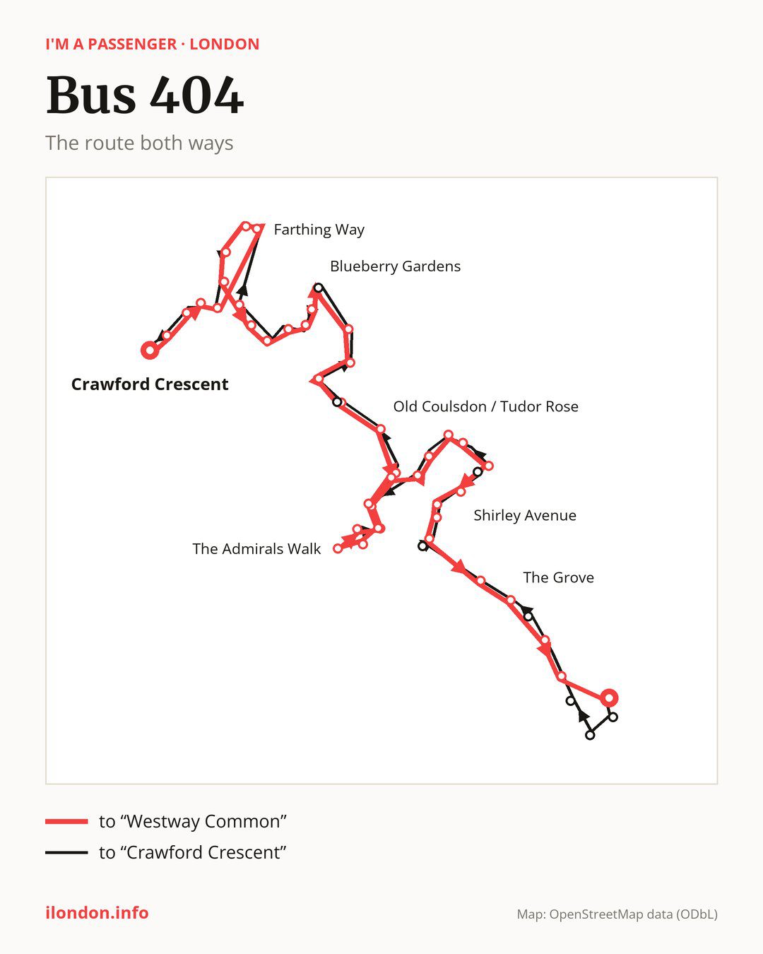 Bus route 404 in London on the map: the route both ways