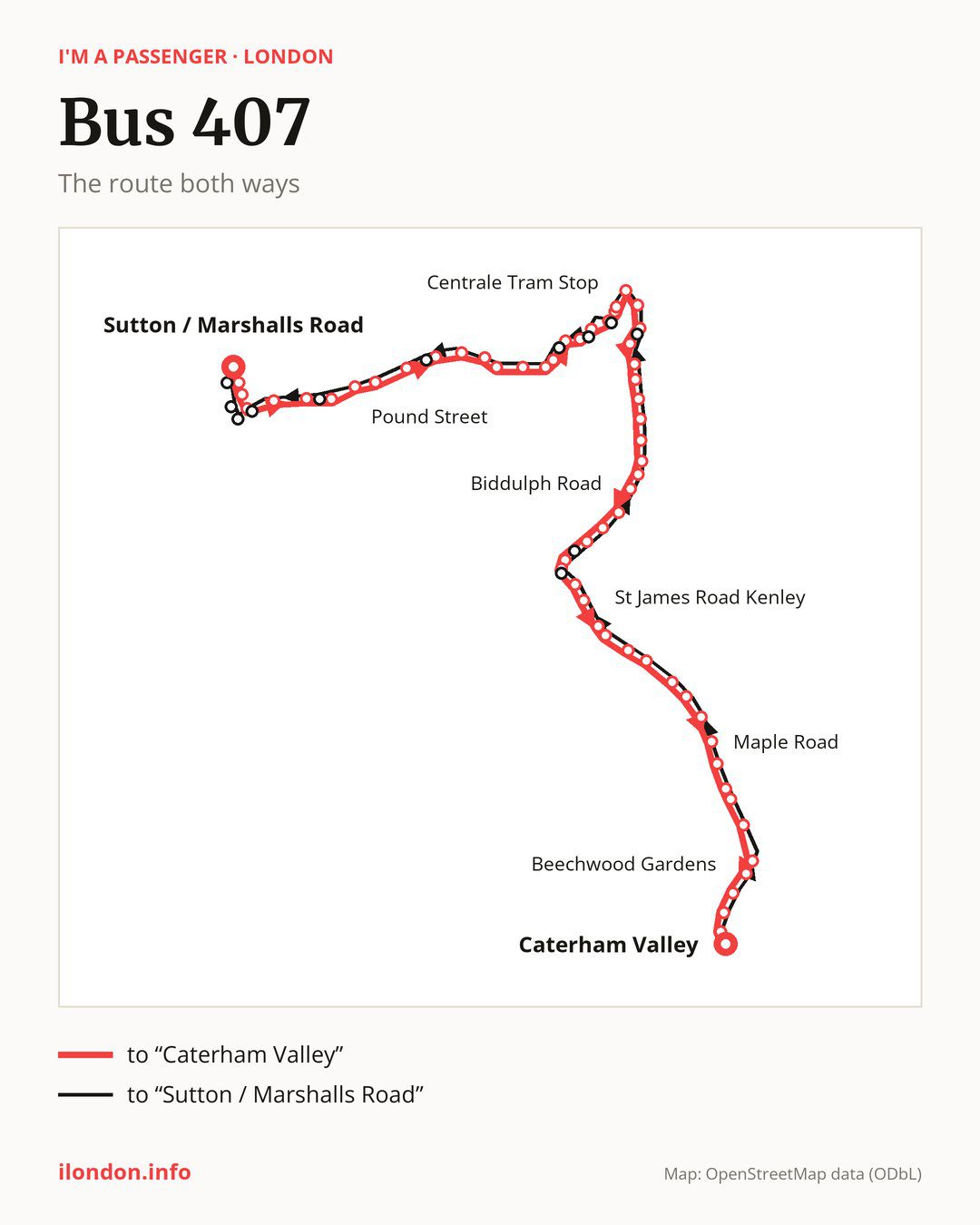 Bus route 407 in London on the map: the route both ways