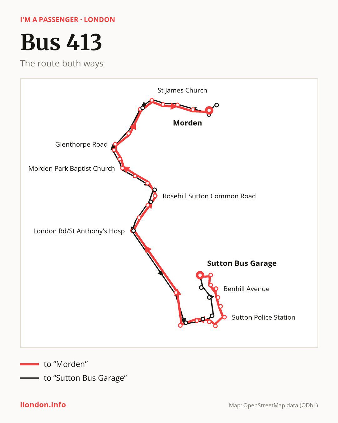 Bus route 413 in London on the map: the route both ways