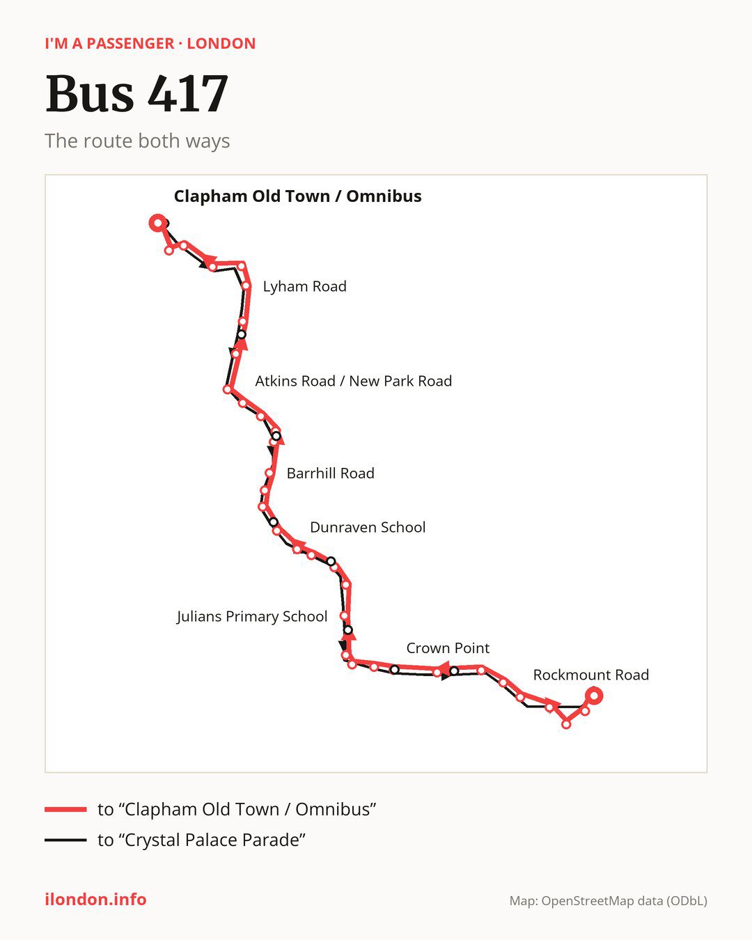Bus route 417 in London on the map: the route both ways