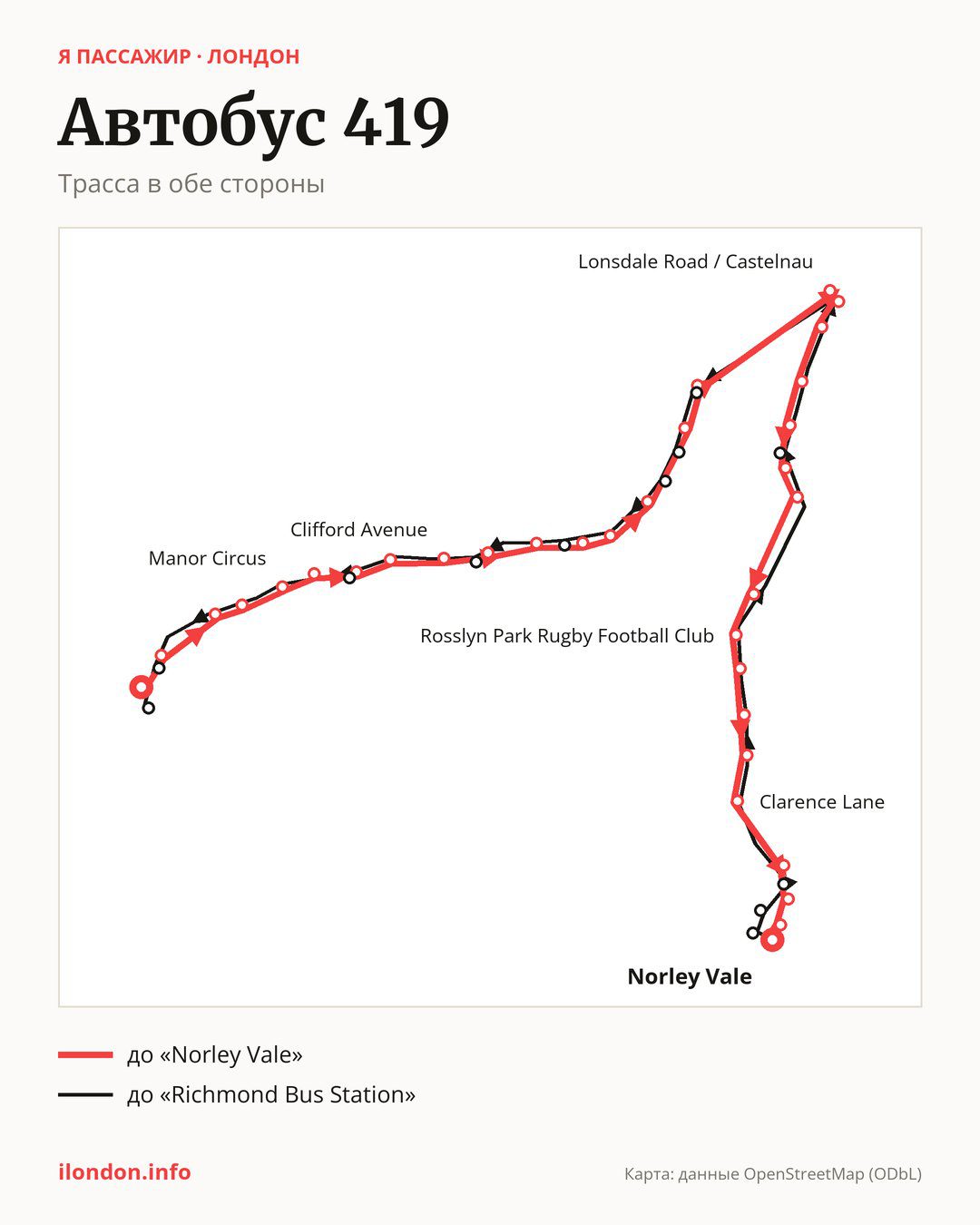 Автобус 419 в Лондоне на карте: трасса в обе стороны
