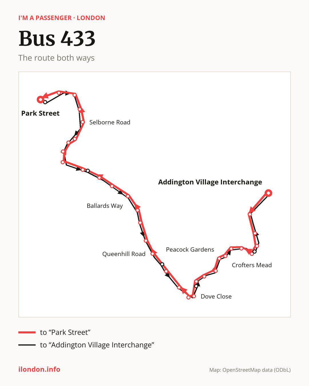 Bus route 433 in London on the map: the route both ways