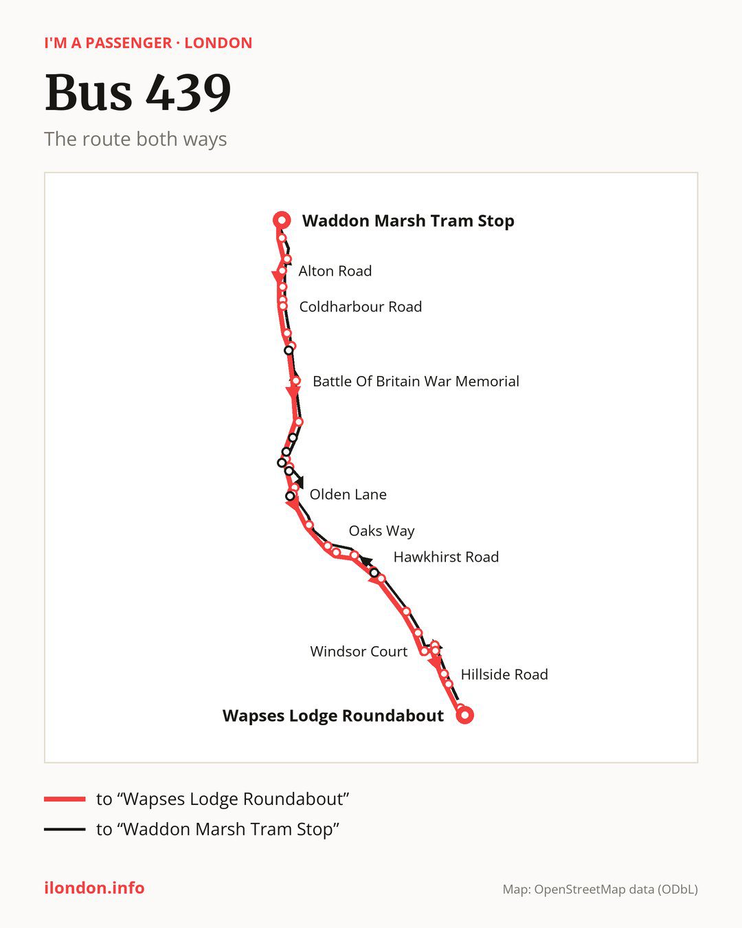 Bus route 439 in London on the map: the route both ways