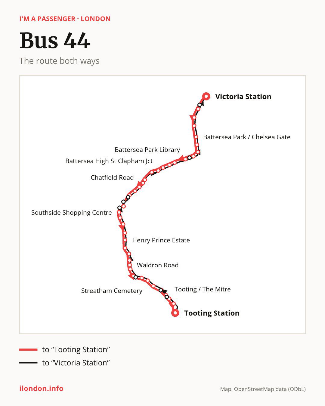 Bus route 44 in London on the map: the route both ways