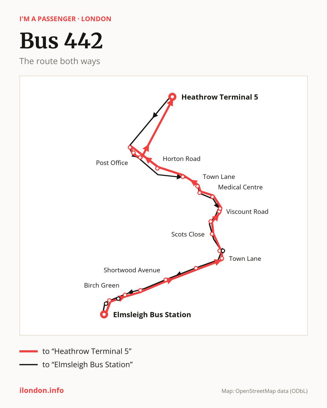 Bus route 442 in London on the map: the route both ways