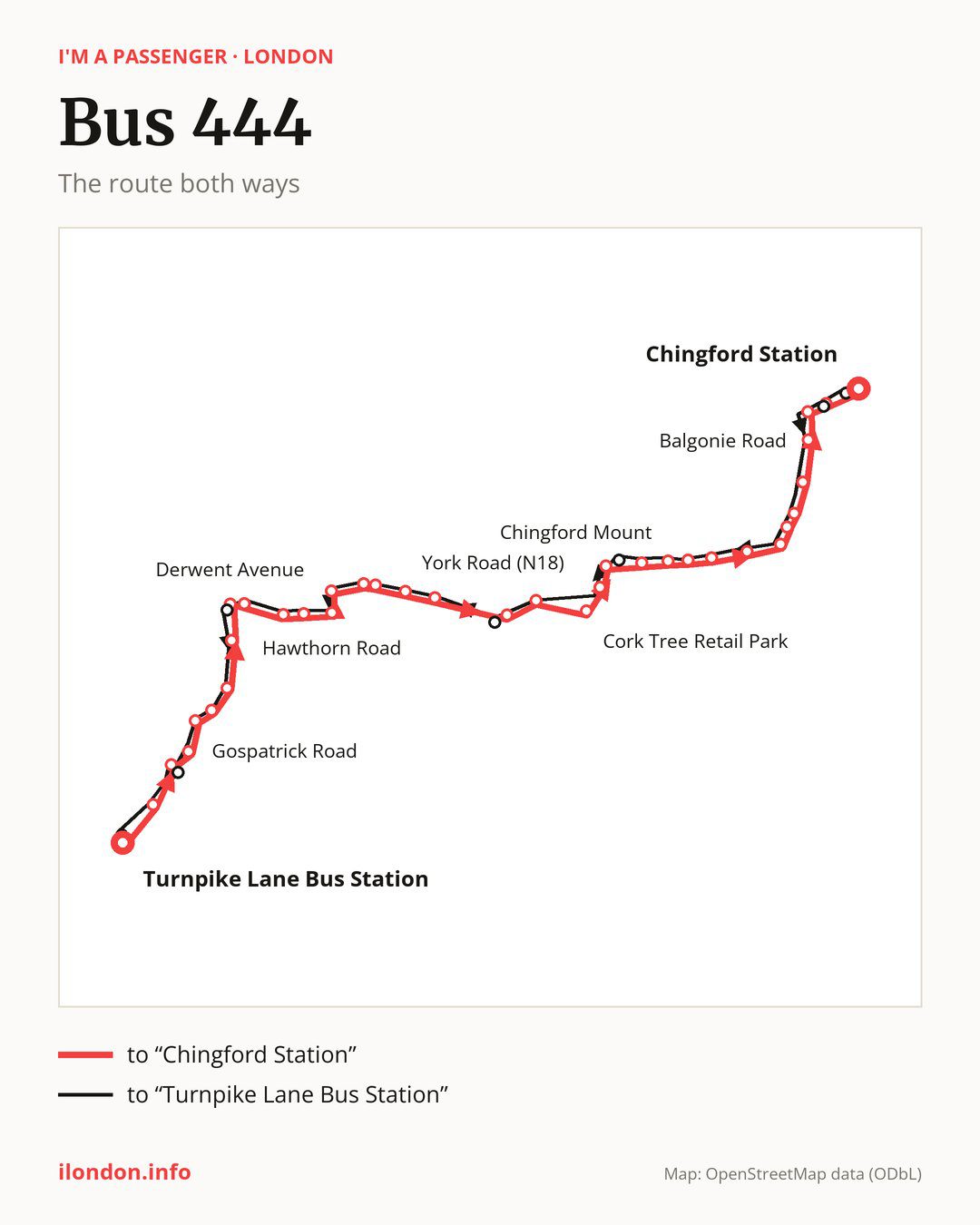 Bus route 444 in London on the map: the route both ways