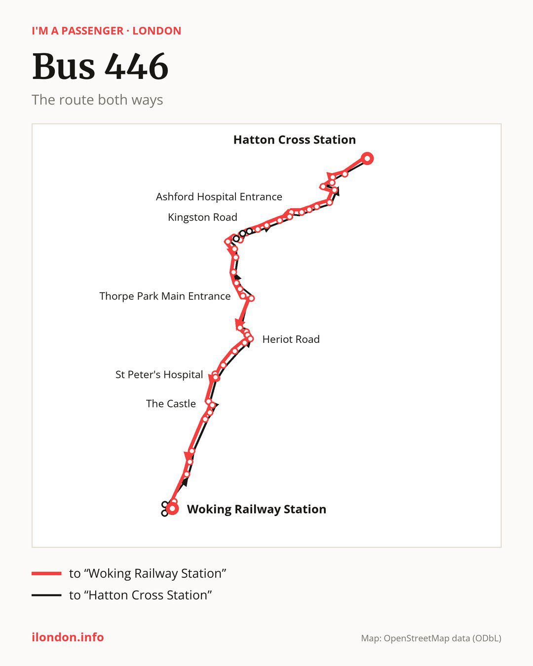 Bus route 446 in London on the map: the route both ways