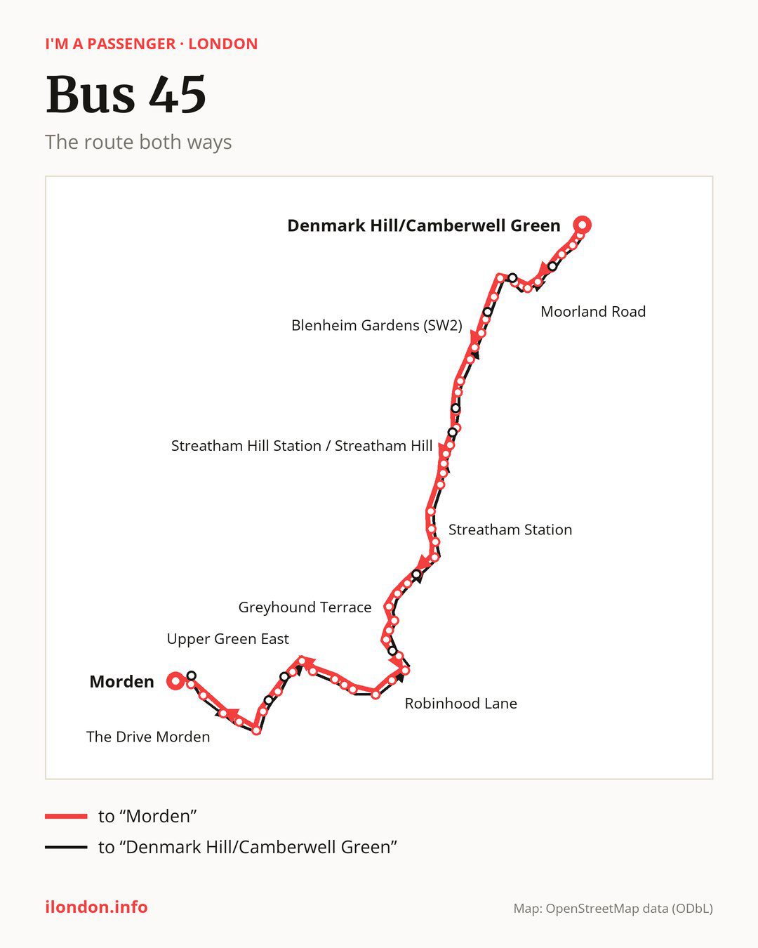 Bus route 45 in London on the map: the route both ways