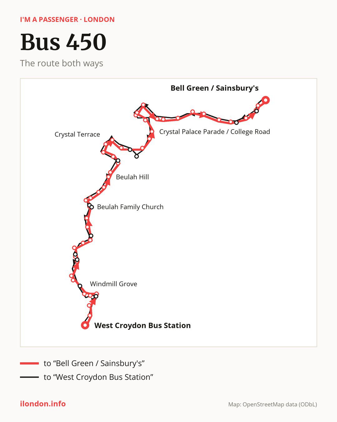Bus route 450 in London on the map: the route both ways