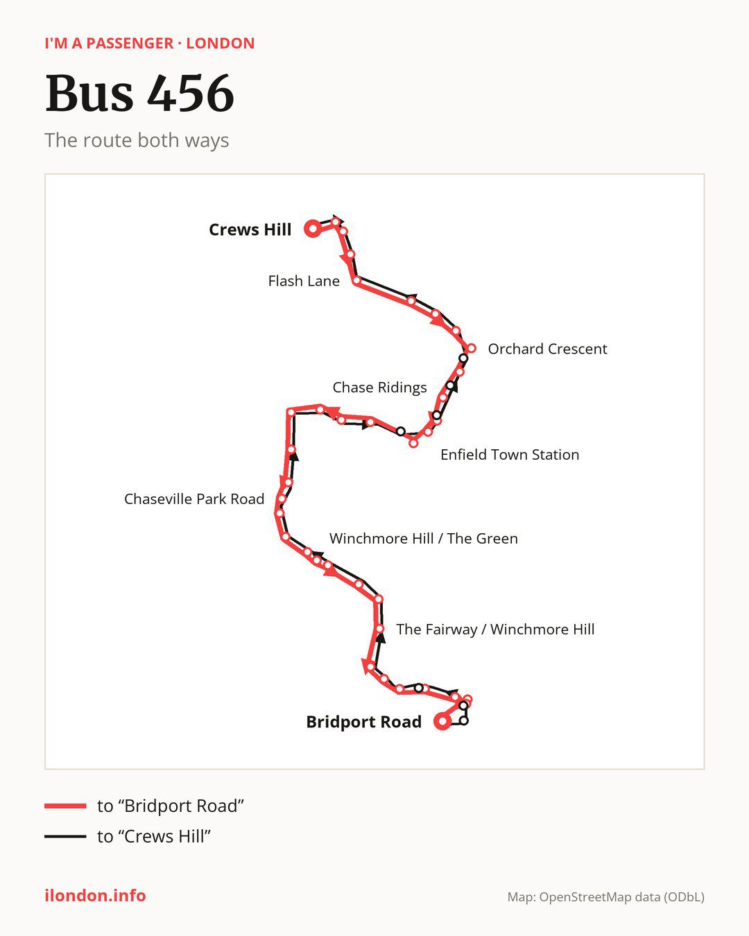 Bus route 456 in London on the map: the route both ways