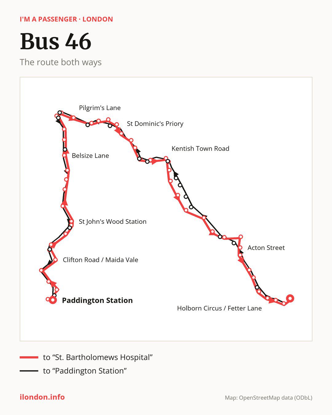 Bus route 46 in London on the map: the route both ways