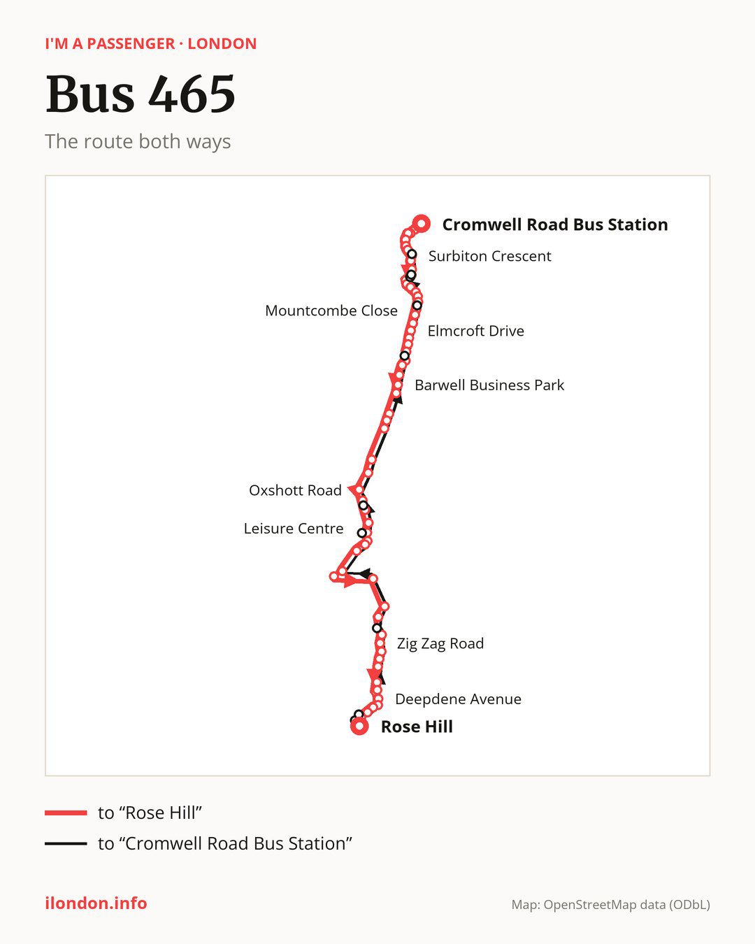 Bus route 465 in London on the map: the route both ways