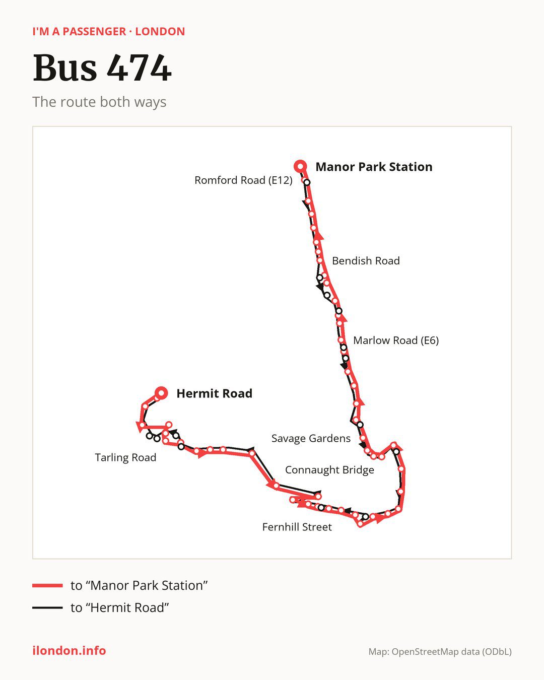 Bus route 474 in London on the map: the route both ways