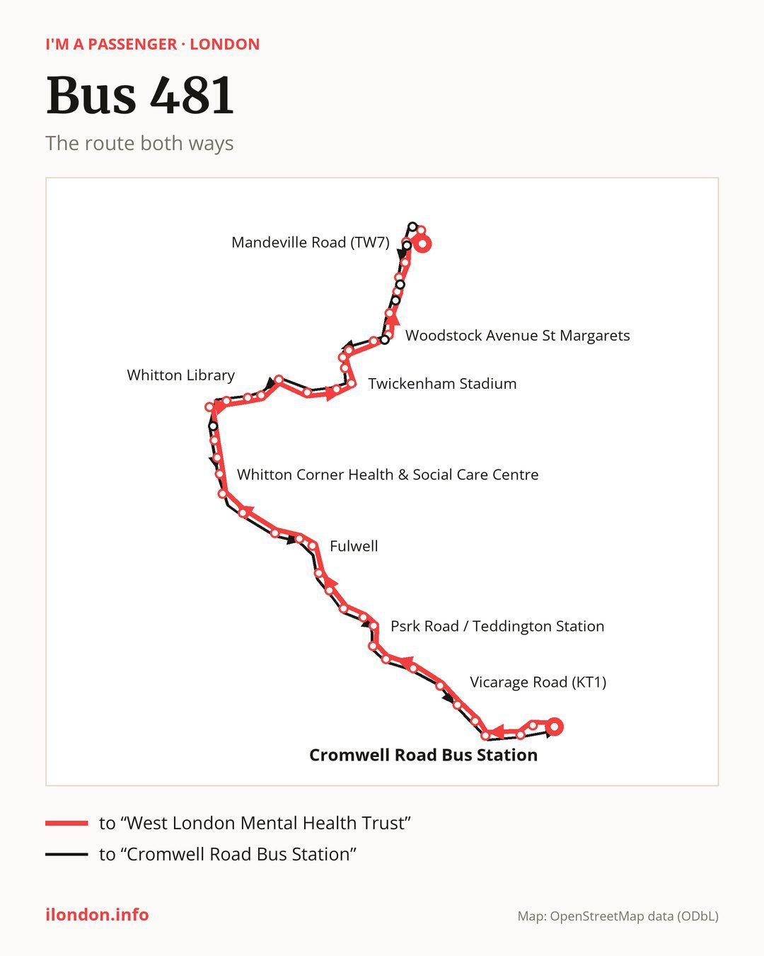 Bus route 481 in London on the map: the route both ways