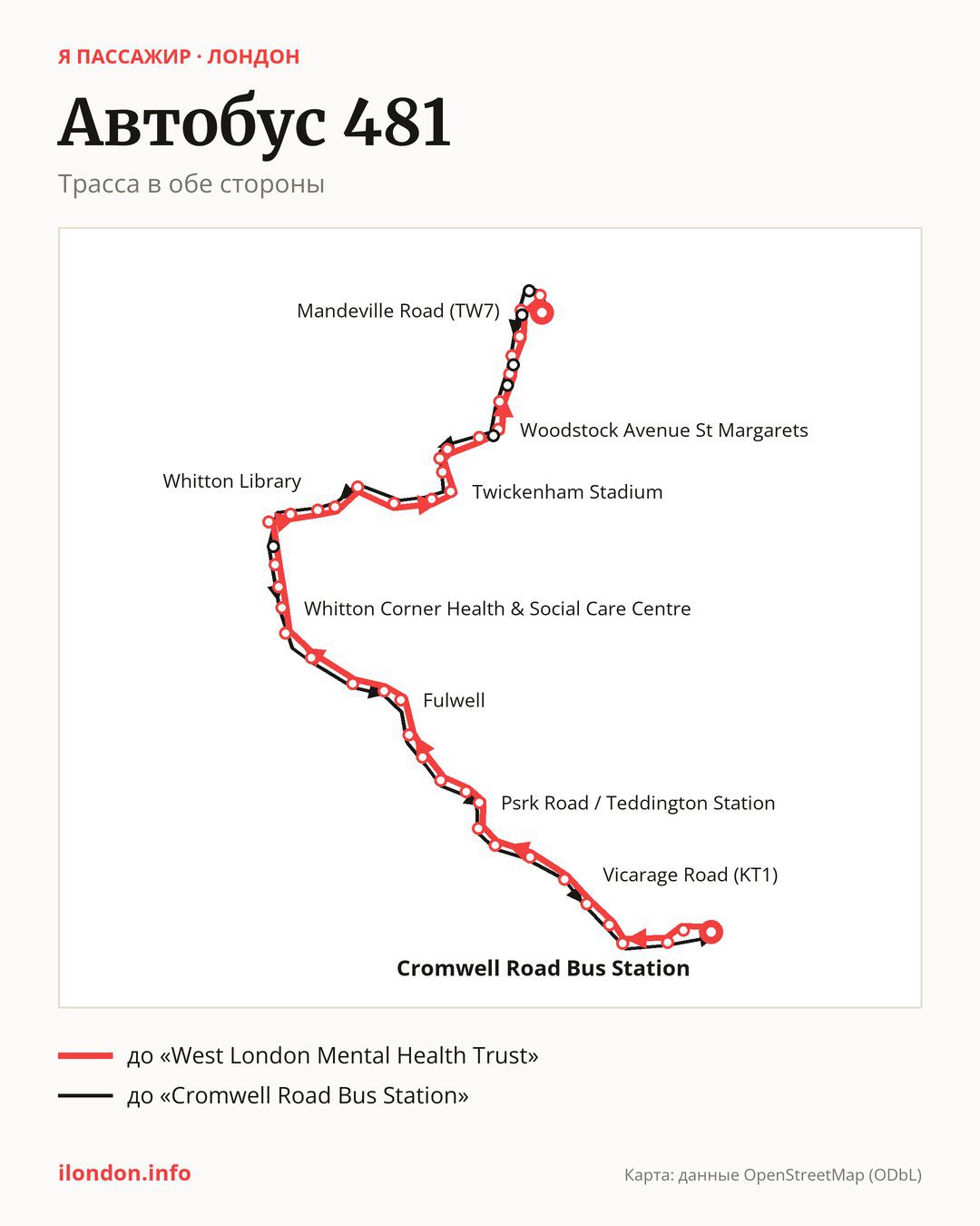 Автобус 481 в Лондоне на карте: трасса в обе стороны