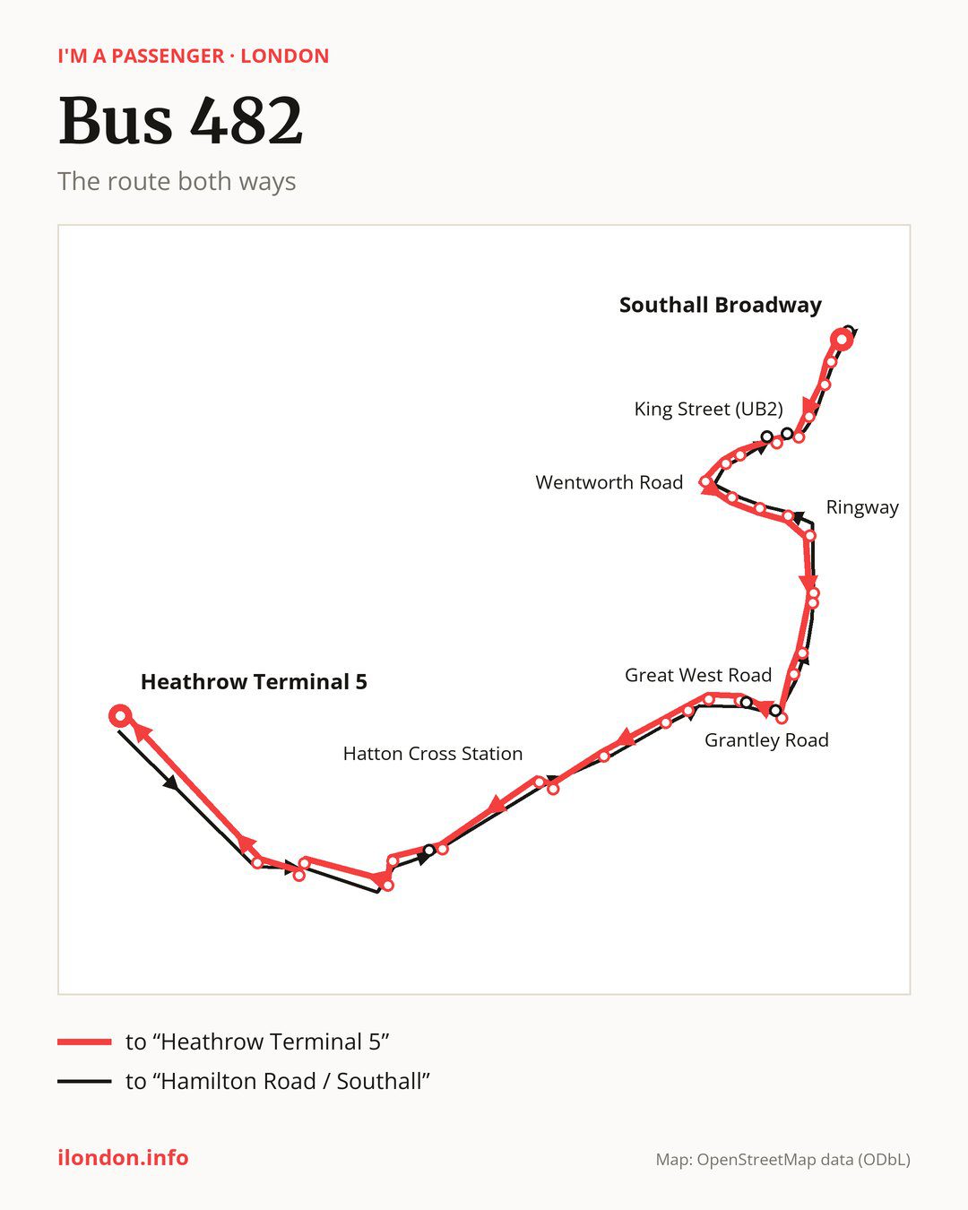 Bus route 482 in London on the map: the route both ways