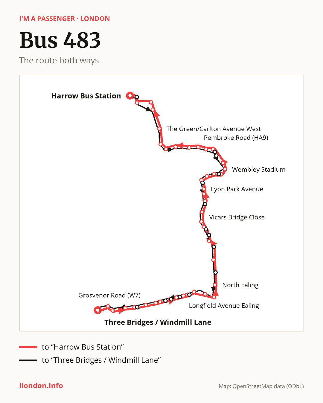 Bus route 483 in London on the map: the route both ways