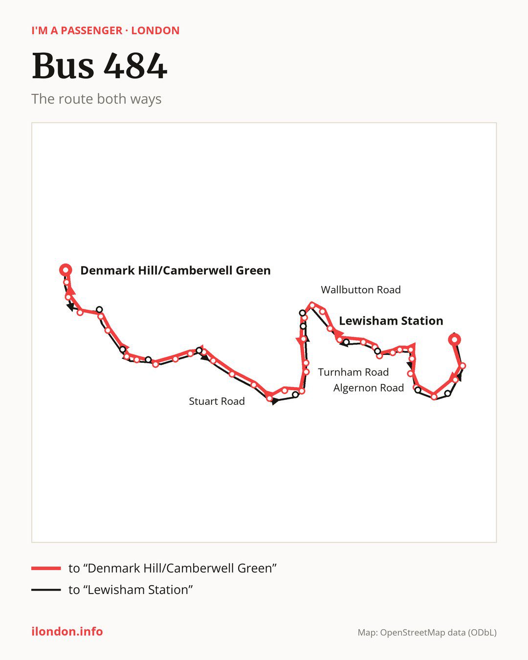 Bus route 484 in London on the map: the route both ways