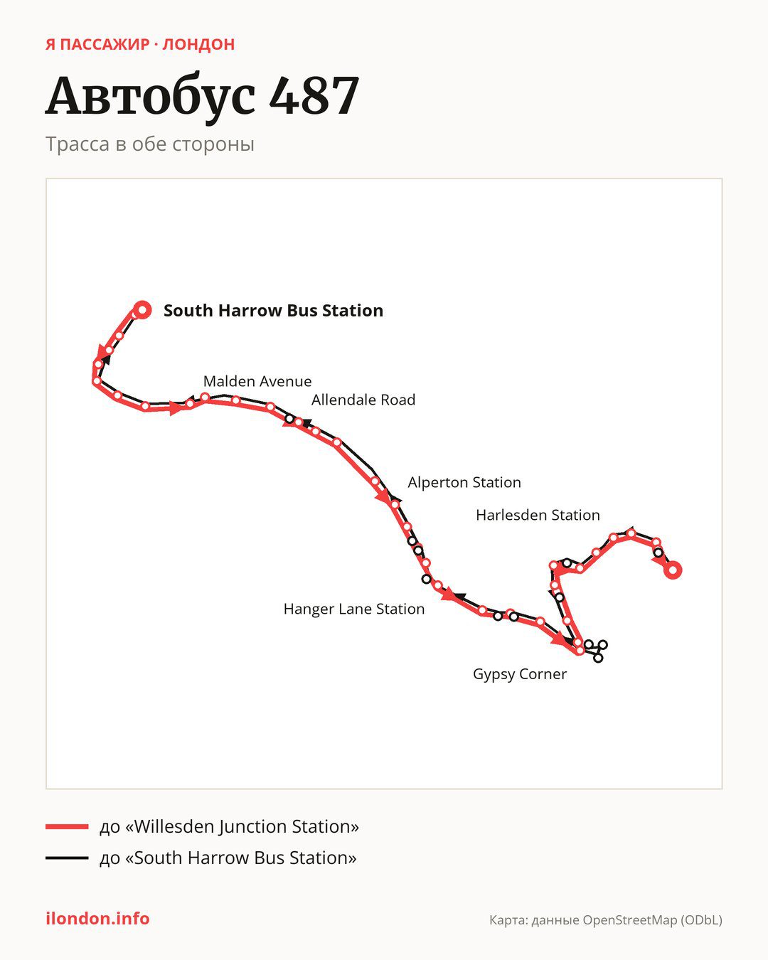 Автобус 487 в Лондоне на карте: трасса в обе стороны