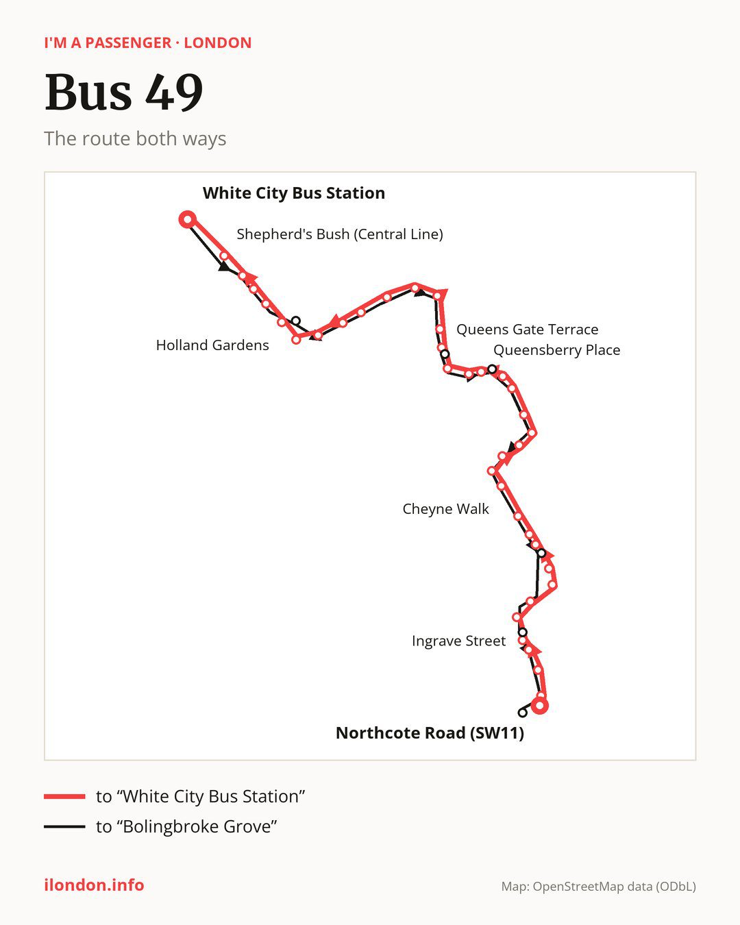 Bus route 49 in London on the map: the route both ways