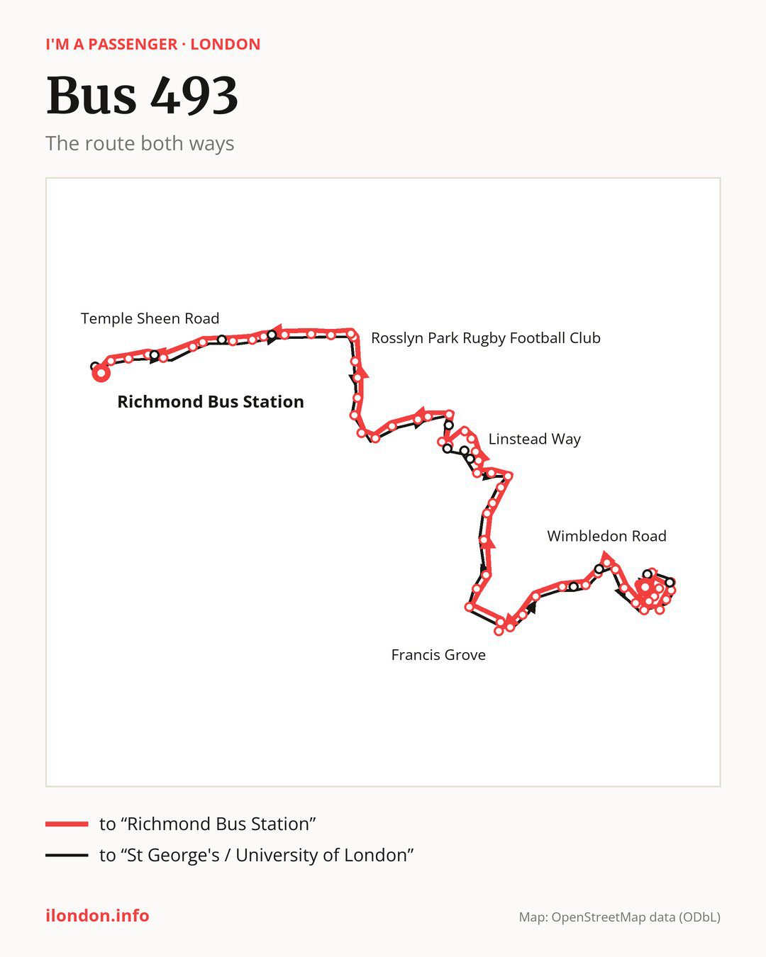 Bus route 493 in London on the map: the route both ways
