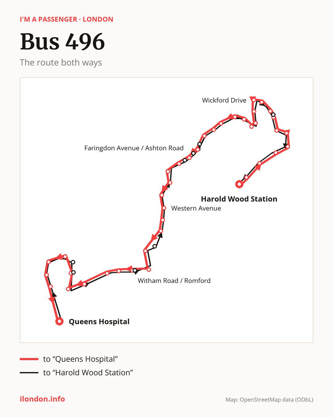 Bus route 496 in London on the map: the route both ways
