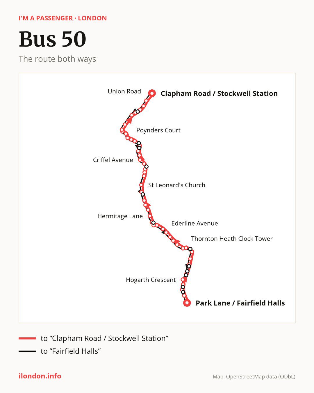 Bus route 50 in London on the map: the route both ways