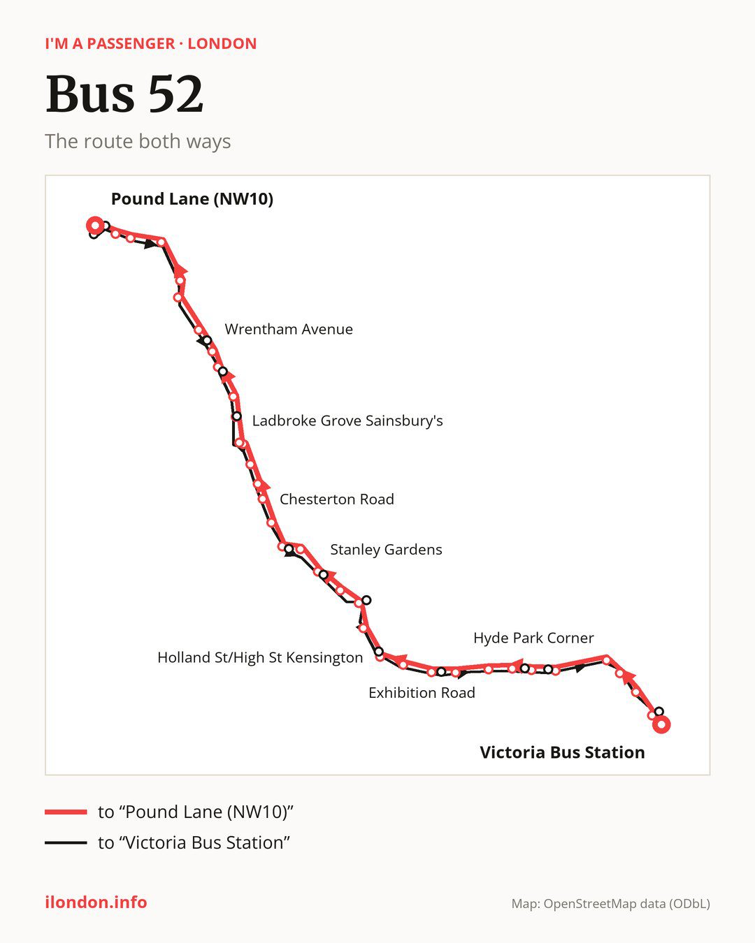 Bus route 52 in London on the map: the route both ways