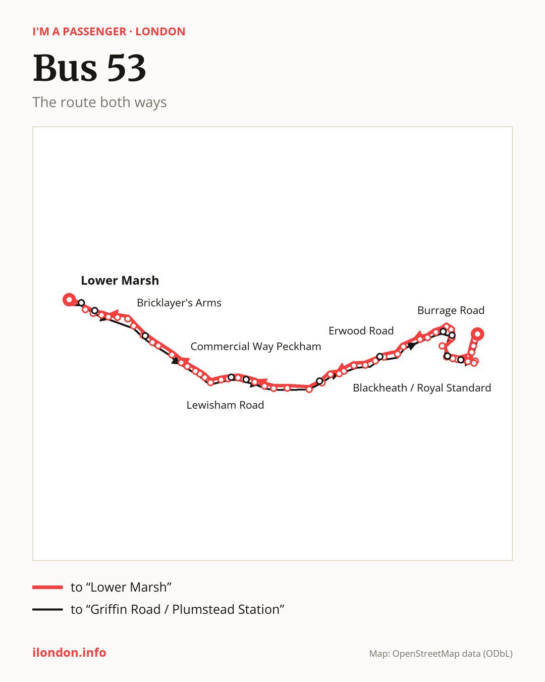 Bus route 53 in London on the map: the route both ways