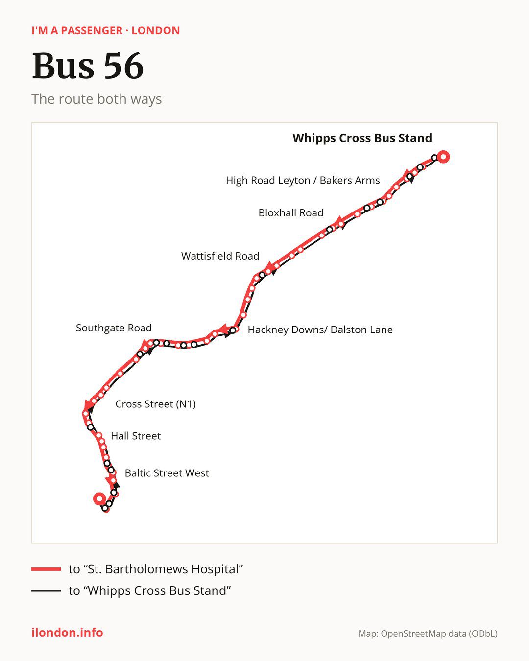 Bus route 56 in London on the map: the route both ways