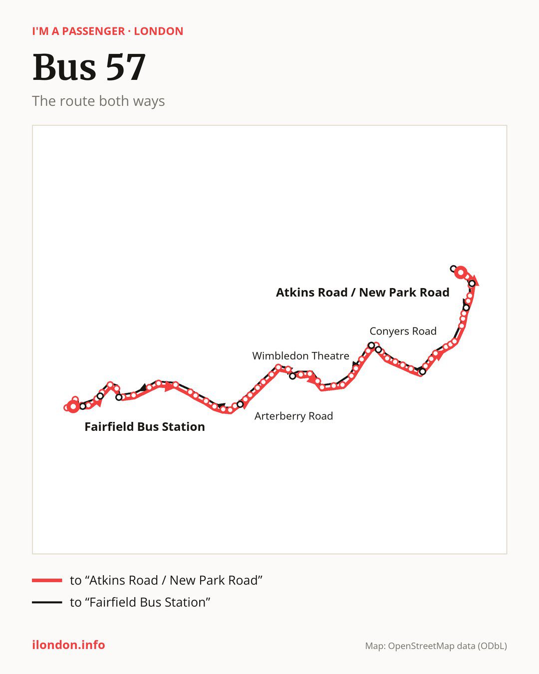 Bus route 57 in London on the map: the route both ways