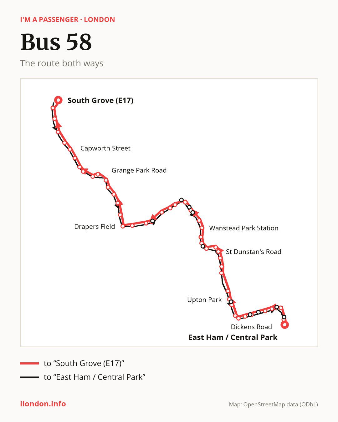 Bus route 58 in London on the map: the route both ways