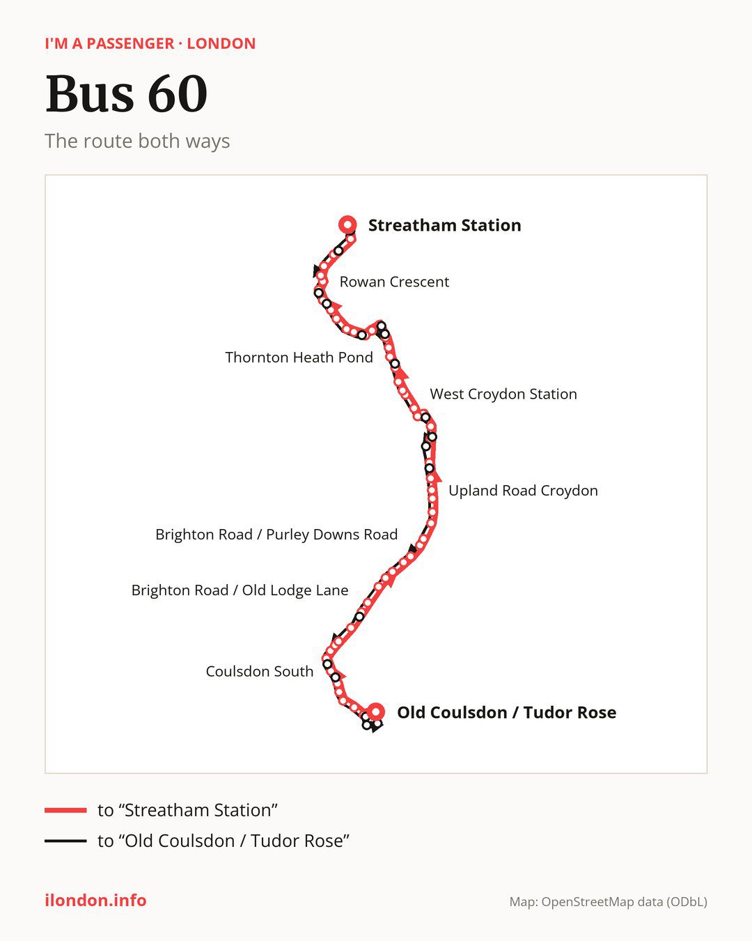 Bus route 60 in London on the map: the route both ways
